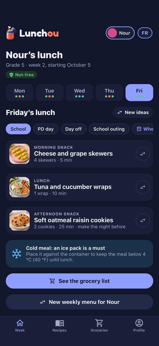 Lunchou Week screen: Friday’s lunch with snacks and main