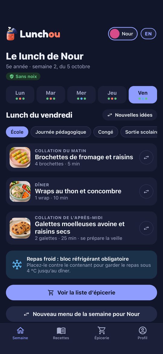 Écran Semaine de Lunchou : le lunch du vendredi avec collations et dîner